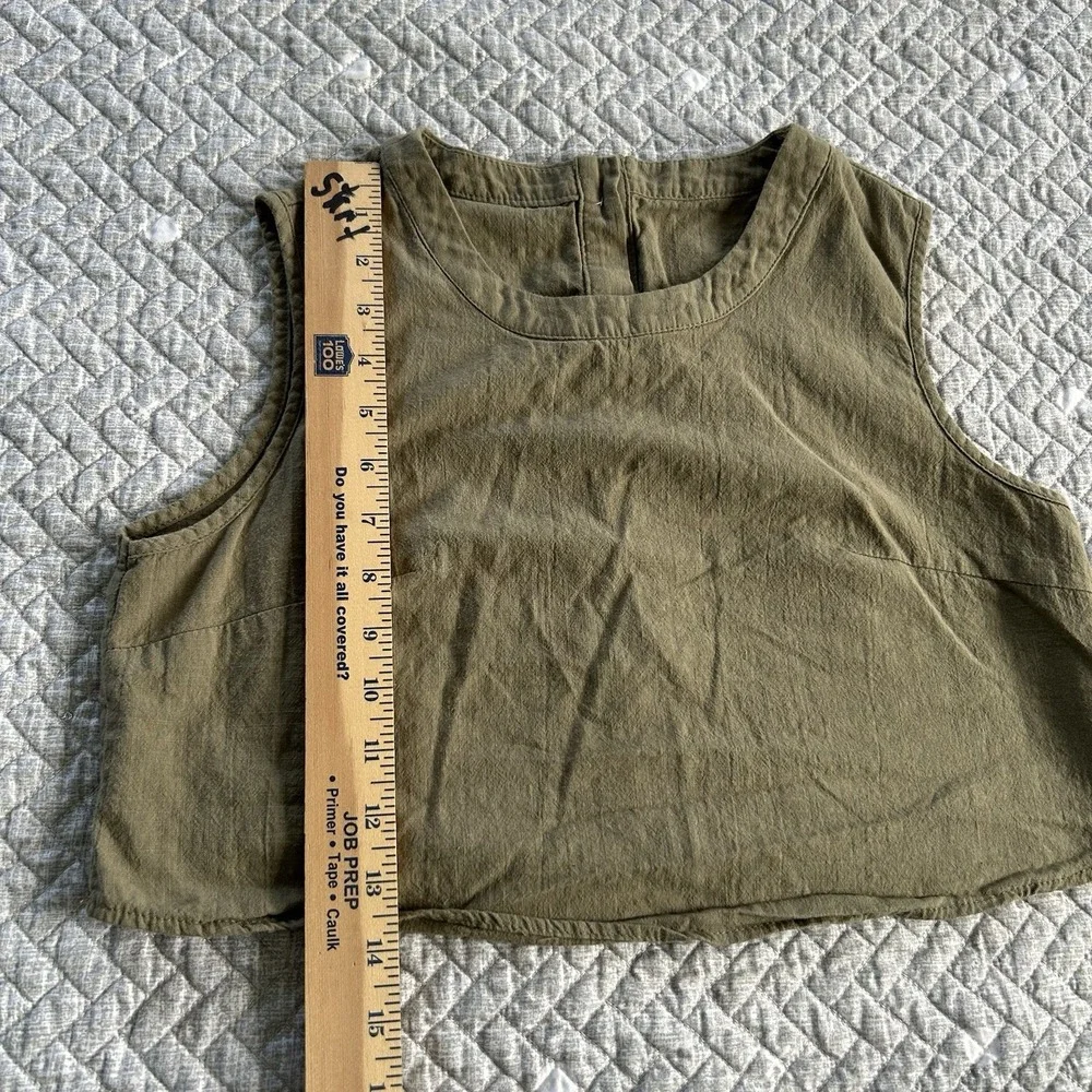 Olive Green Cotton Tank Top Boxy Cropped Minimalist Earthy Capsule Wardrobe M - Picture 6 of 8